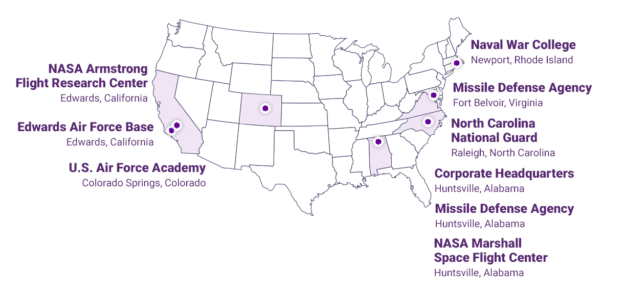 Map of Media Fusion locations, including our Corporate Headquarters in Huntsville, Alabama, NASA Marshall Space Flight Center in Huntsville, Alabama, Missile Defense Agency in Huntsville, Alabama, Missile Defense Agency in Fort Belvoir, Virginia, NASA Langley Research Center in Hampton, Virginia, Naval War College in Newport, Rhode Island, U.S. Air Force Academy in Colorado Springs, Colorado, NASA Armstrong Flight Research Center in Edwards, California, and Edwards Air Force Base, in Edwards, California.